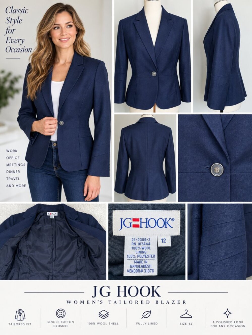 JG Hook Navy 100% Wool Blazer Women’s Size 12 Single Button Tailored Jacket